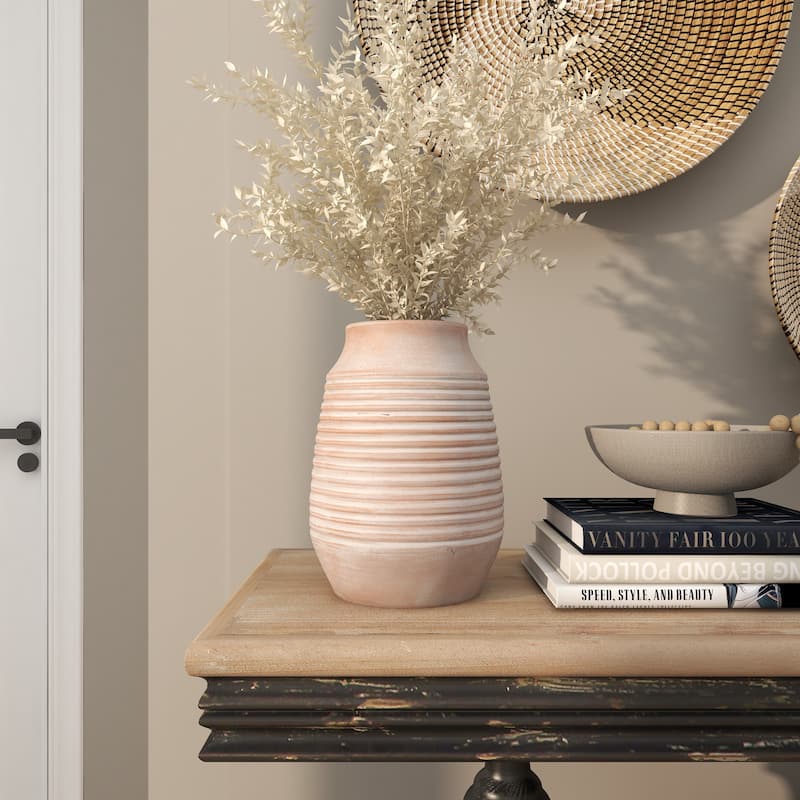 Pink Ceramic Whitewashed Ribbed Decorative Vase