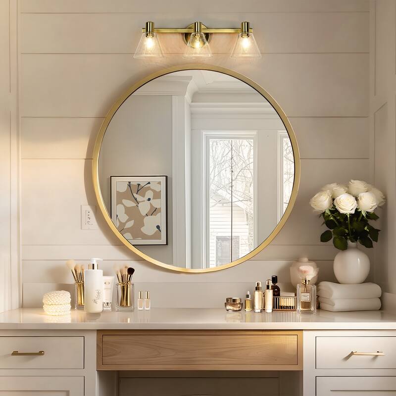 Modern Gold 3-Light Bathroom Vanity Light Seeded Glass Wall Sconce - Electroplated Gold - W21.5"xD6.5"xH7"