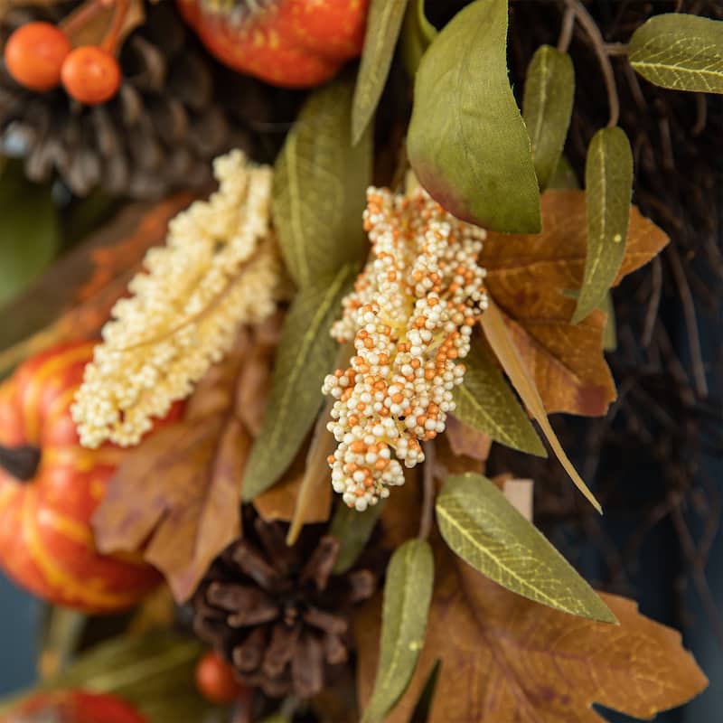 Glitzhome Fall Pumpkin Leaf Pine Cones Floral Swag Wreath Garland Thanksgiving Decor