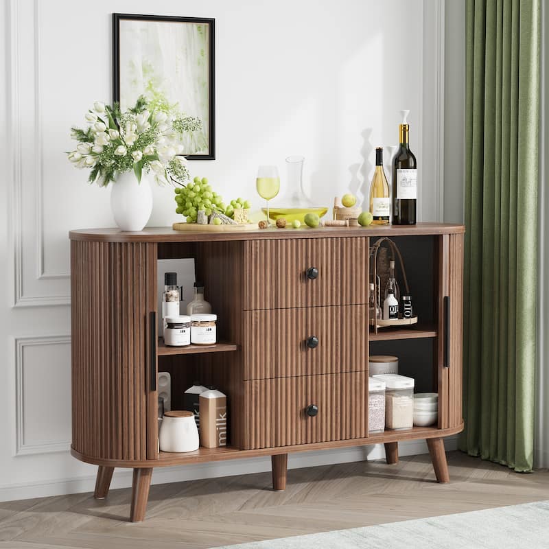 Sideboard Buffet Cabinet with 2 Sliding Tambour Doors and 3 Drawers, Storage Cabinet with Adjustable Shelves for Living Room