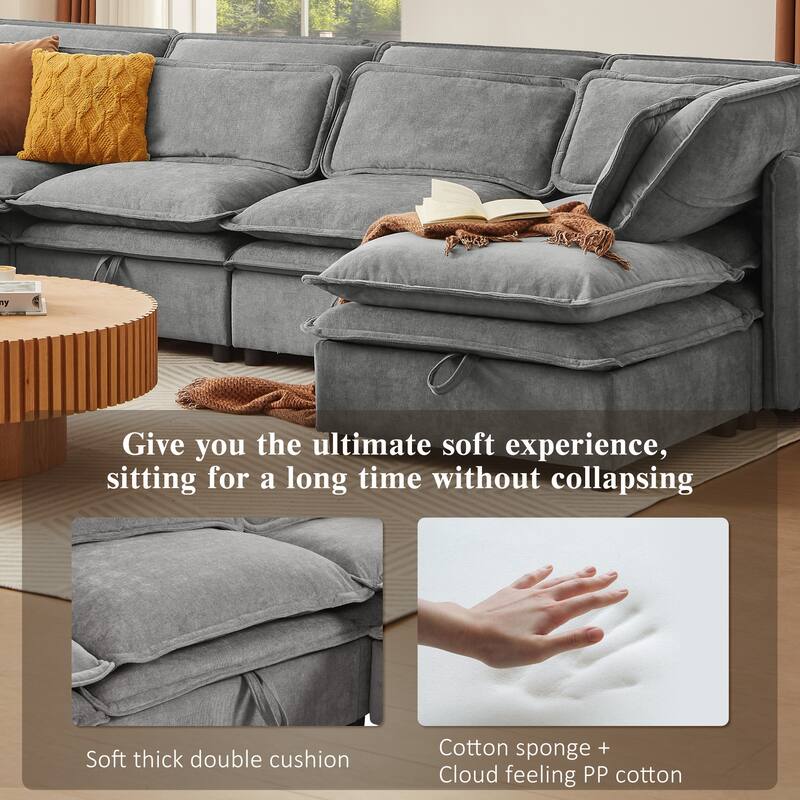 Modern Large U-Shaped Modular Sofa with Movable Storage Ottoman,. Upholstered Deep Seat Sofa with Double-Layer Cushion