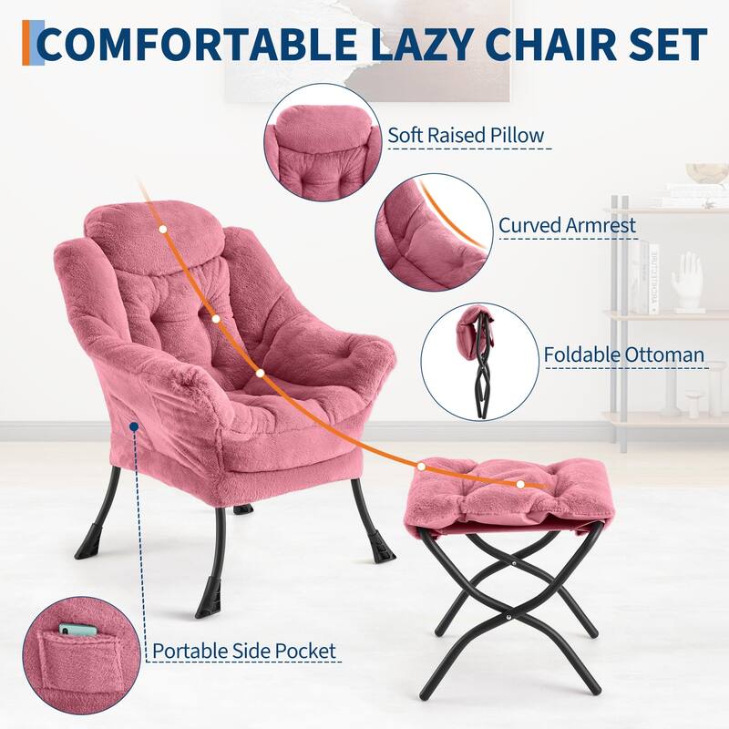 2Pcs Lazy Chair with Ottoman, Modern Lounge Accent Chair,Leisure Sofa Armchair with Footrest,Reading Armchair