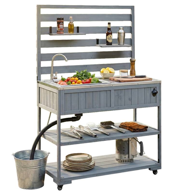 Roomfitters 41.7" Garden Potting Bench with Sink, Rolling Outdoor Potting Table, Bottle Opener, Storage Shelves, Hutch