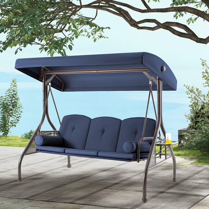 3-Seat Outdoor Porch Swing with Adjustable Canopy & Stand, Convertible Bed, All-Weather, Thickened Cushions & Cup Holders