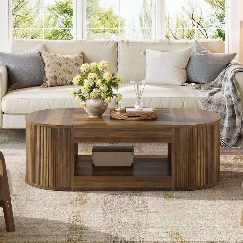 55-Inch Farmhouse Coffee Table, Oval Center Table with Storage
