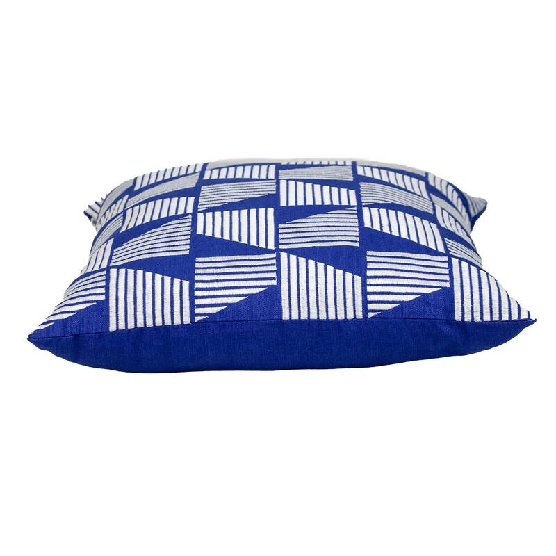 HomeRoots 18" Blue and White Geometric Cotton Throw Pillow With Embroidery