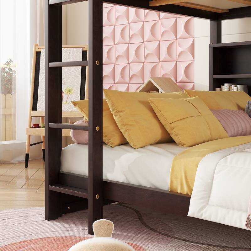 Queen-Size Over Queen-Size Bunk Bed With Integrated Storage Cabinets, USB Charging Ports, Wooden Ladder, Safety Rails .
