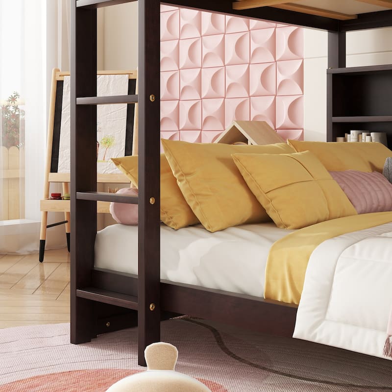 Wooden Queen Size Bunk Bed Frame with Charging Station and Storage Cabinets, Solid Pinewood Bunk Bed Frame, Queen over Queen