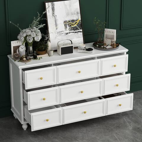 53.1"W FAMAPY 9 Drawer Dresser in White Lacqer 5 Legs Storage Chest
