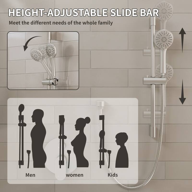 4-Spray Wall Mount Dual Fixed and Handheld Shower Head with Slide Bar and Tub Spout, Valve included
