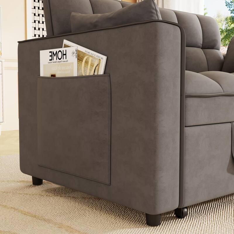 Anmytek Modern Velvet Small Loveseat Pull Out Sleeper Sofa Bed with Pillows and Side Pockets