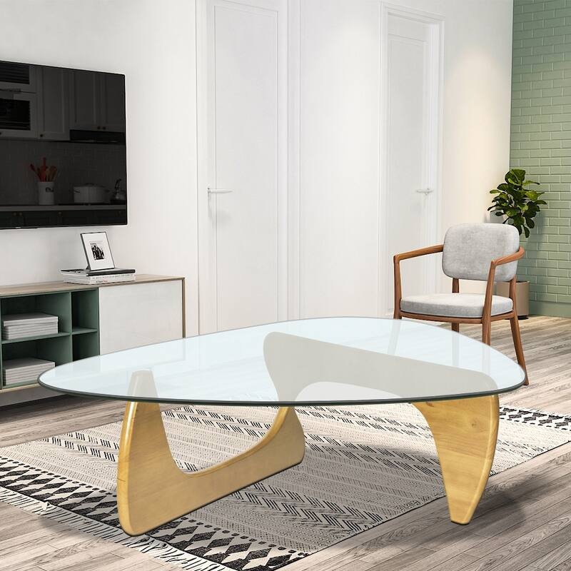 Triangle Glass Coffee Table with Solid Wood Base for Living Room
