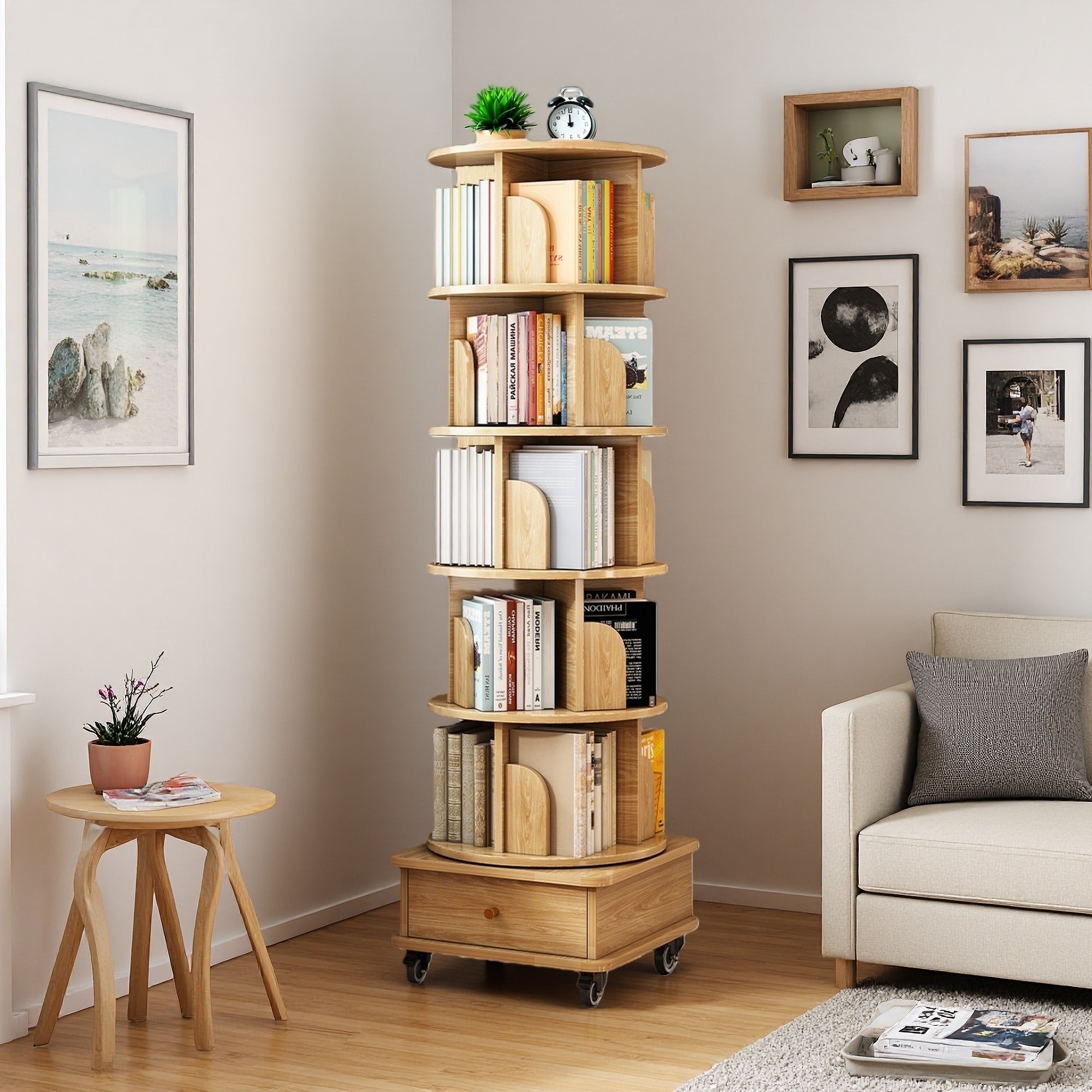 68"H 6-Tier Rotating Bookshelf, 360° Round Spinning Bookshelf with Wheels and Drawer, Space-Saving Storage for Living Room