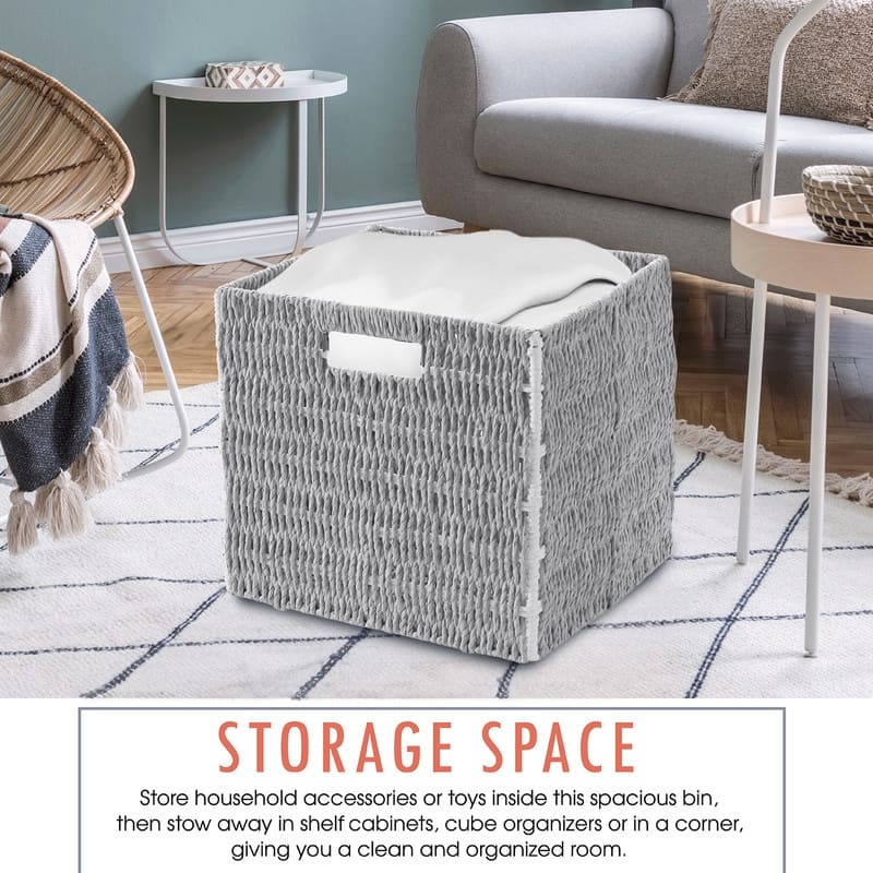 2 Pack Foldable Paper Wicker Shelf Storage Basket Cube Bin with Handles