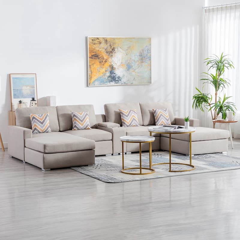 Linen Fabric 5 Piece Double Chaise Sectional Sofa with Storage Console Table and 4 Pillows