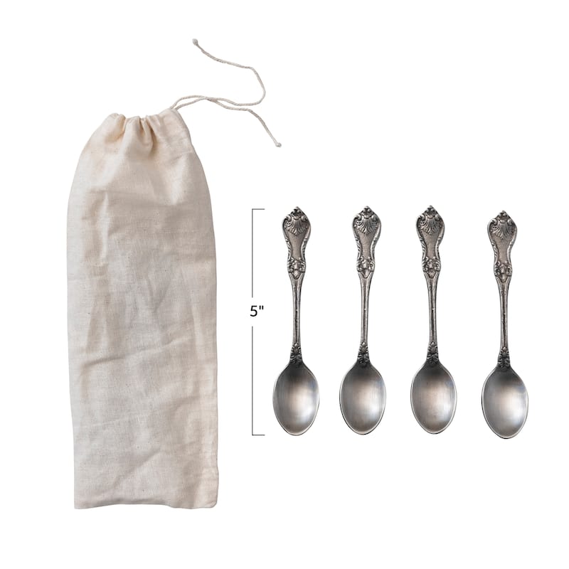 Embossed Brass Spoons in Drawstring Bag - 5.0"L x 1.0"W x 1.0"H - 5.0"L x 1.0"W x 1.0"H