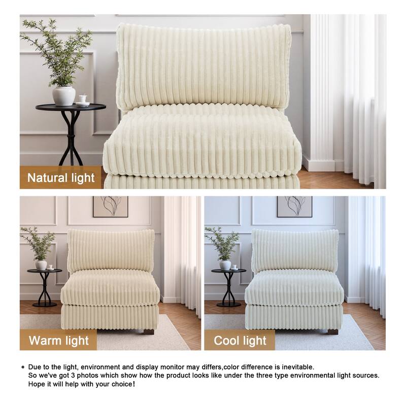 33" W Plush Corduroy Armless Chair Sectional Module with Pillows