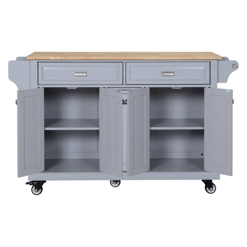 Kitchen Island with Rubber Wood Top, Portable Island Cart on Wheels, Rolling Cart with 2 Drawers & Adjustable Shelves
