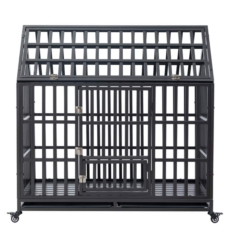 Heavy-Duty Dog Enclosure, Pet Crate with a Roof and a Window on the Top - Black - Assembly Required - 48inch