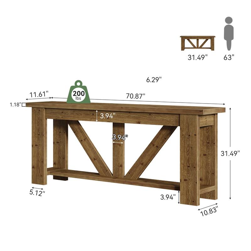 70.9-Inch Solid Wood Console Table, 2-Tier Sofa Table Behind Couch