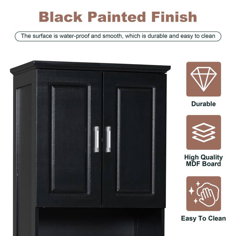 Roomfitters Tall Bathroom Cabinet with Four Doors, Open Shelf and Upper Storage Compartment for Extra Capacity, Black