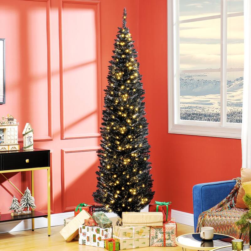 7 ft Black Pencil Christmas Tree with 250 Warm White LED Lights Slim Space-Saving Design with 499 Tips - 21.7" Dia. x 82.7"H