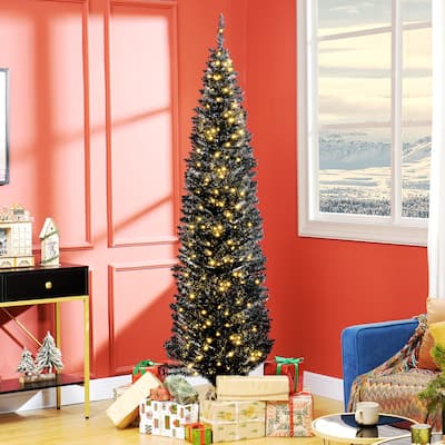 7 ft Black Pencil Christmas Tree with 250 Warm White LED Lights Slim Space-Saving Design with 499 Tips - 21.7" Dia. x 82.7"H