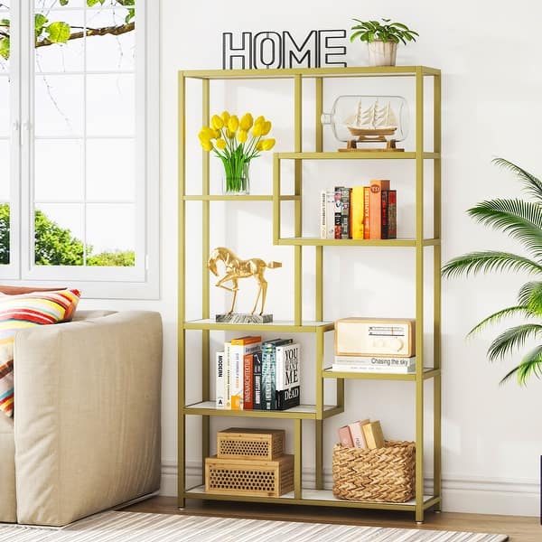 White Gold Bookshelf Bookcase 8Open Shelf Etagere Bookcase with Faux