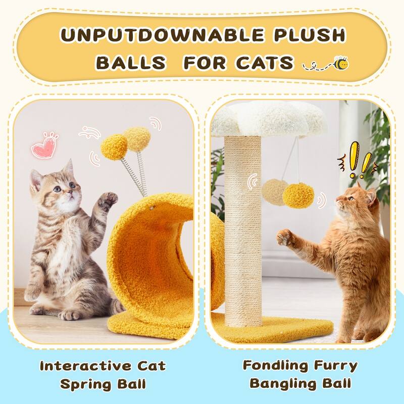 EROMMY 14.6 in Flower Cat Tree with Well-padded Perch, Cat Tower with Sisal Scratching Posts and Interactive Toys, Yellow