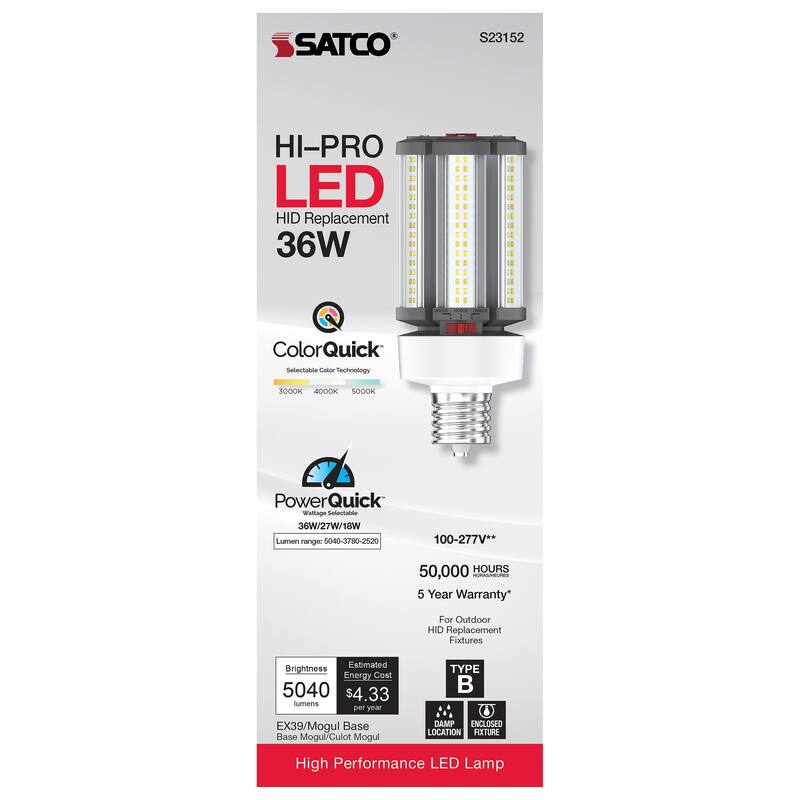 36/27/18 Wattage Selectable LED HID Replacement CCT Selectable Extended Mogul base 100-277 V - White