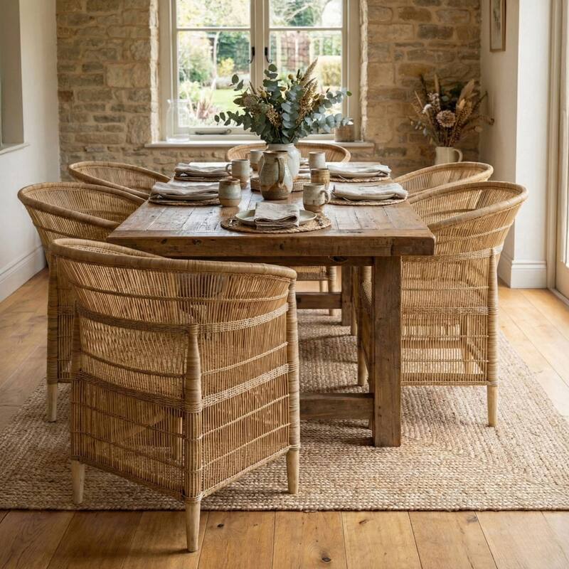 100% Solid Wood Frame Handwoven Natural Rattan Indoor Chair, Boho Farmhouse Accent Seating