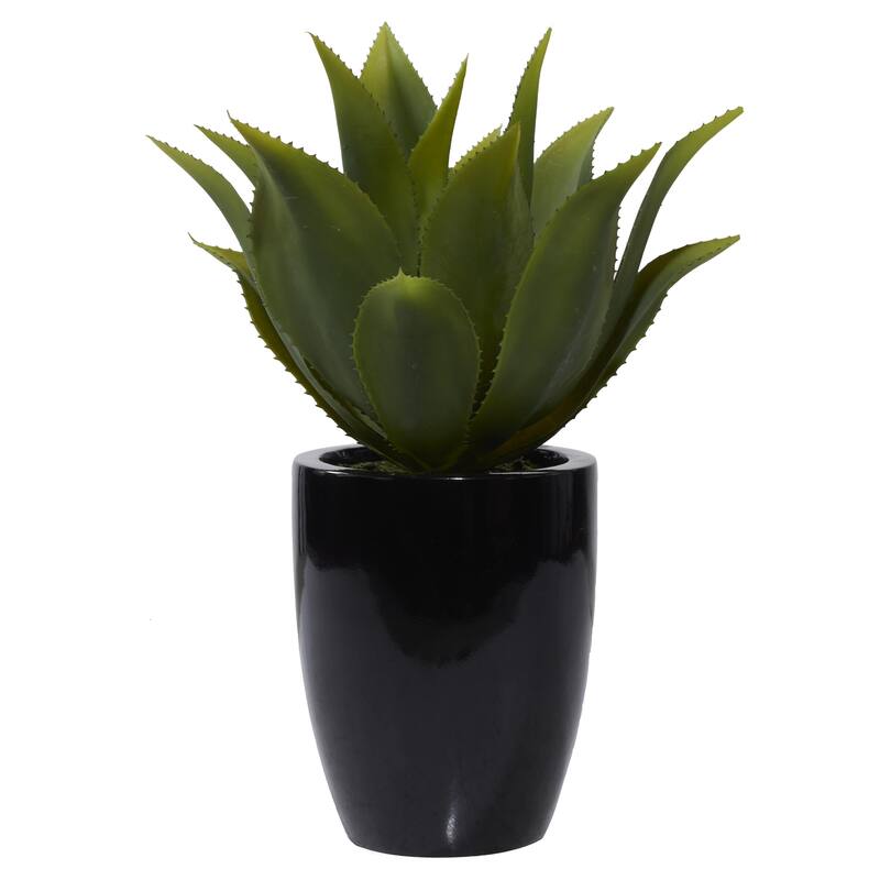 Green Faux Foliage Agave Artificial Plant with Realistic Leaves and Black Fiberglass Pot