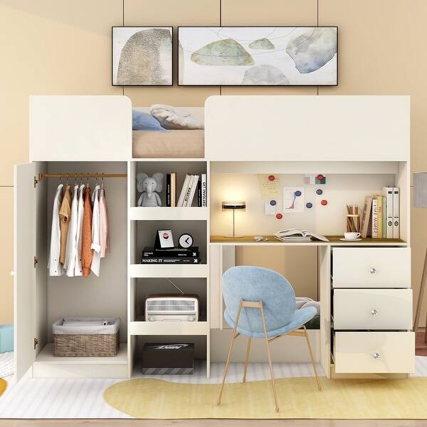 slide 2 of 12, Beige Full Size Loft Bed with Built-in Wardrobe & Desk, Wood Loft Bedframe with Storage Shelves & Drawers for Kids Teens Bedroom Beige - Full