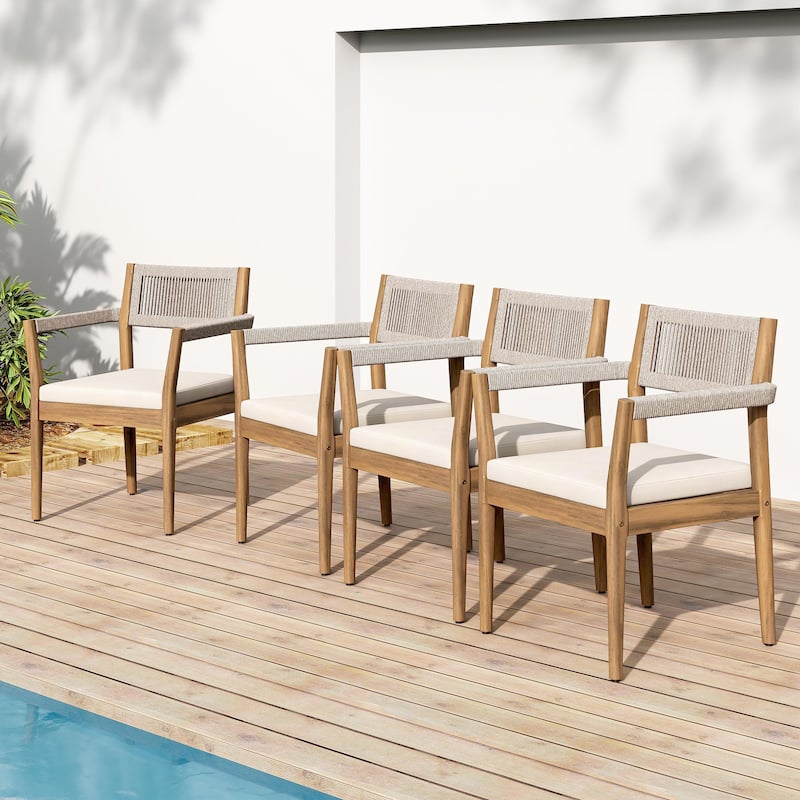 Braided Acacia Wood Outdoor Dining Table and Chairs Set of 6, All-Weather Patio Furniture for Garden, Poolside, and Backyard