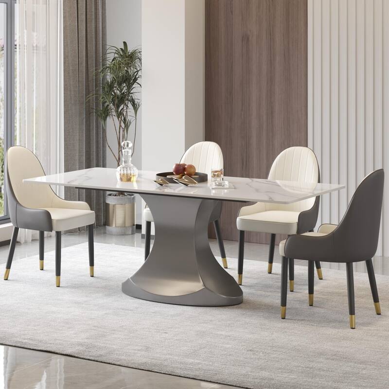 Rectangular Dining Table, Faux Marble Kitchen Dining Table with Grey Pedestal.