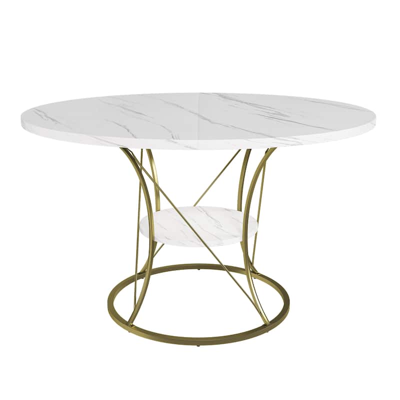 43 to 59 Inch Extendable Round Dining Table for 4-6 - Farmhouse Kitchen Table with Storage Shelf & Metal Base