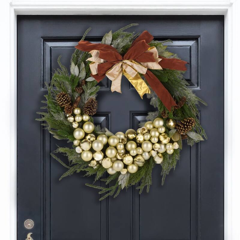 SAFAVIEH Home Faux 34-inch Pine Needle Wreath With Ornaments And Ribbon & Pine Cone