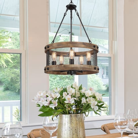 Farmhouse Wood Drum 5-light Metal Cage Chandelier for Dining Room - Brown - D19"xH27.5"