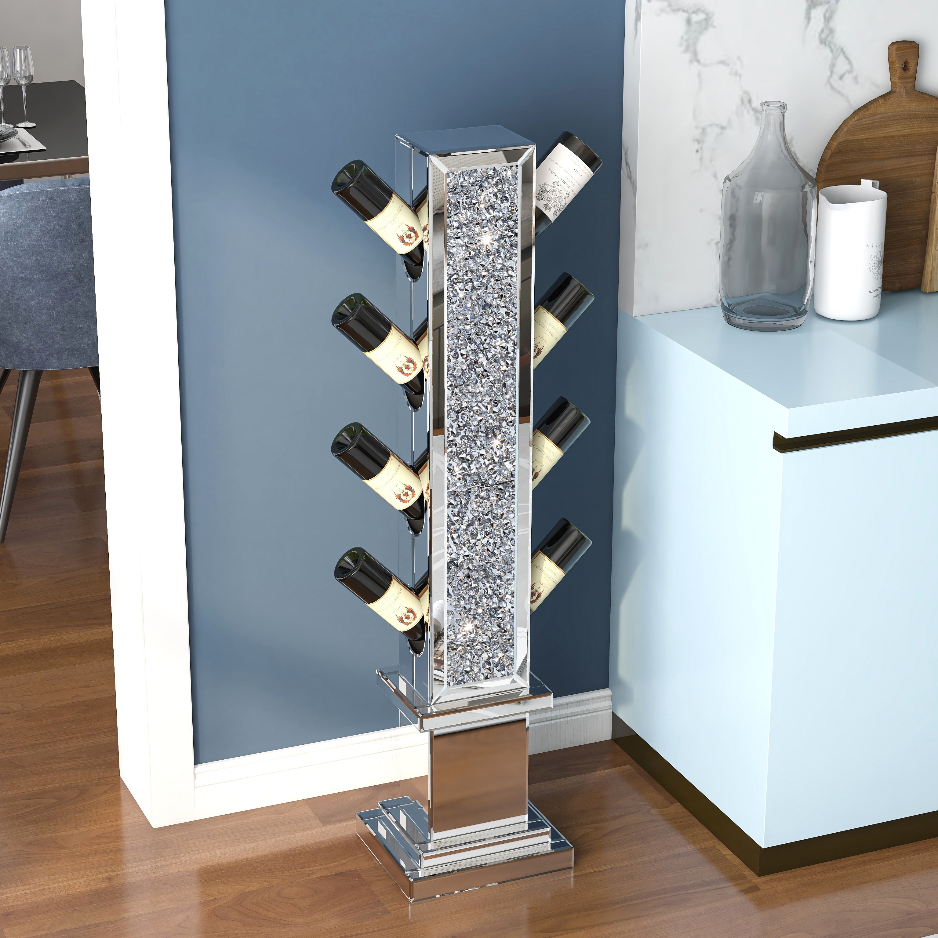 Modern Floor Wine Racks Freestanding Decorative Home Furniture filled with Crushed Crystals Hold for 8 Bottles Silver