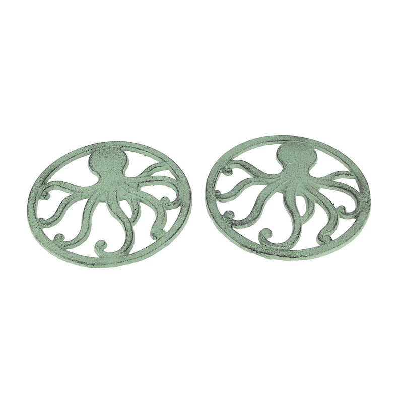 Distressed Coastal Cast Iron Octopus Sea Foam Green Trivet Set Of 2 - 0.25 X 7 X 7 inches