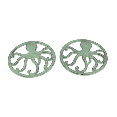 Distressed Coastal Cast Iron Octopus Sea Foam Green Trivet Set Of 2 - 0.25 X 7 X 7 inches