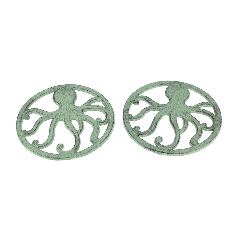 Distressed Coastal Cast Iron Octopus Sea Foam Green Trivet Set Of 2 - 0.25 X 7 X 7 inches