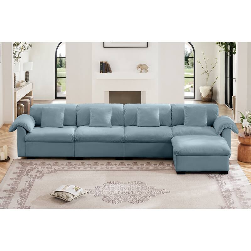 154.7" Velvet L-Shaped Sectional Sofa with Cloud Cushions & Ottoman