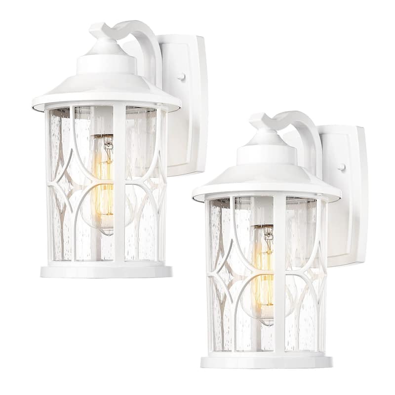 2 Pack Outdoor Wall Light for Porch House, Die-Cast Aluminum with Seeded Glass - White