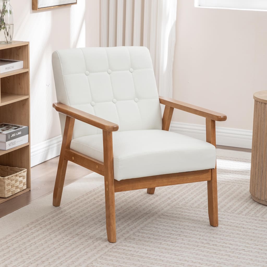 SEYNAR Mid-Century Linen Button-Tufted Accent Chair with Solid Wood Frame