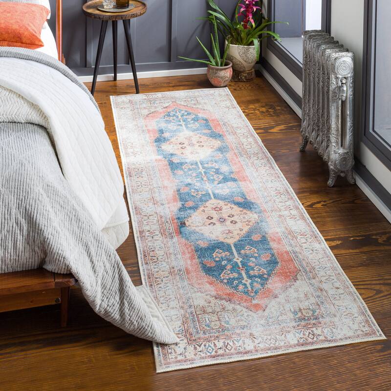 Livabliss Luisa Distressed Medallion Printed Machine Washable Area Rug - Blue/Peach - 2' 7" x 7' 10"