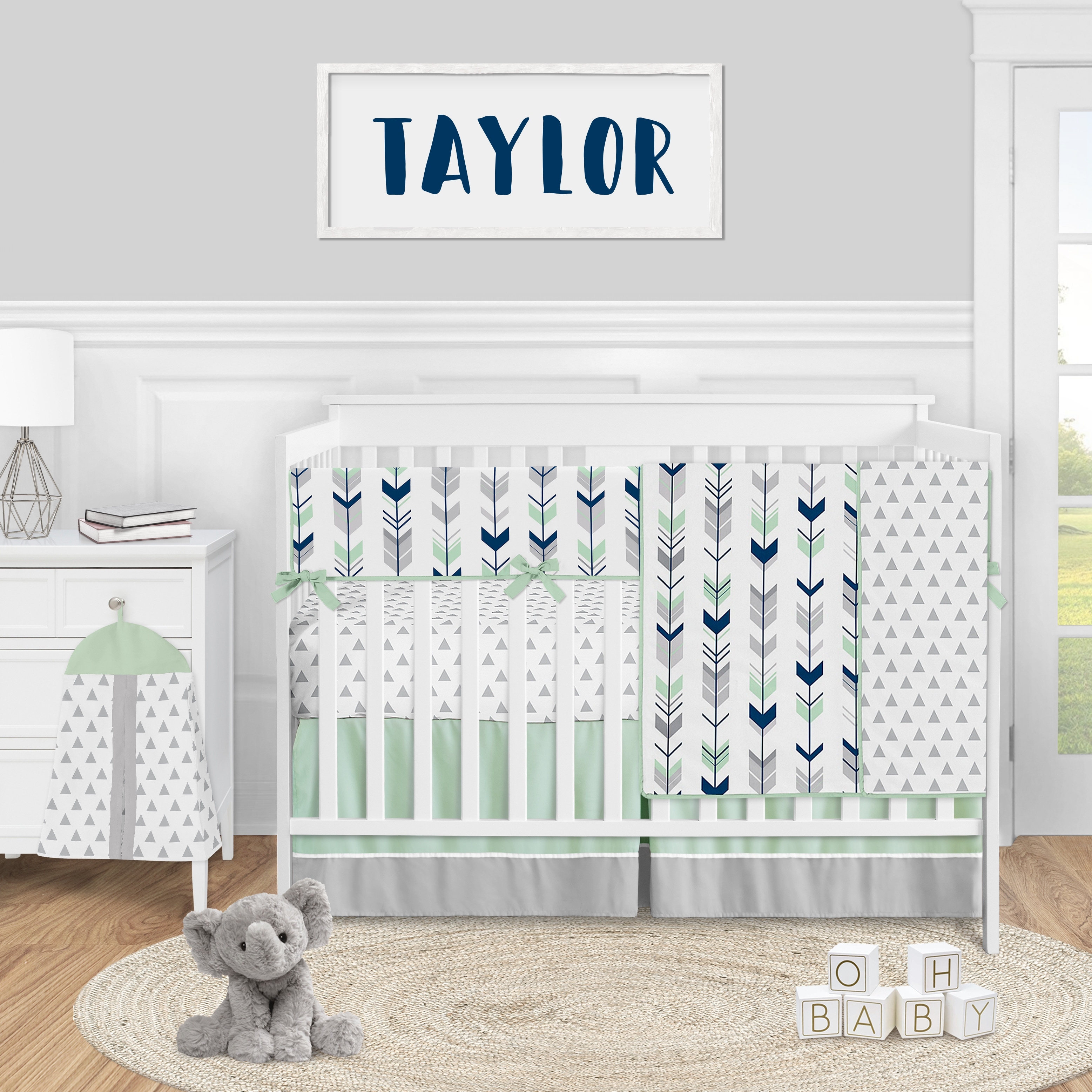 mint and navy crib bedding