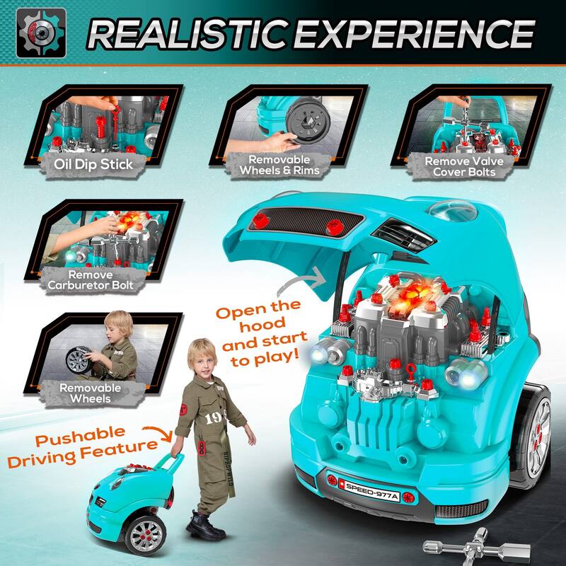 Kids Engine Repair Workshop Toy Set with 61 Pieces, Steering Wheel, Horn, Light, and Simulated Car Engine for Ages 3-5 - Teal