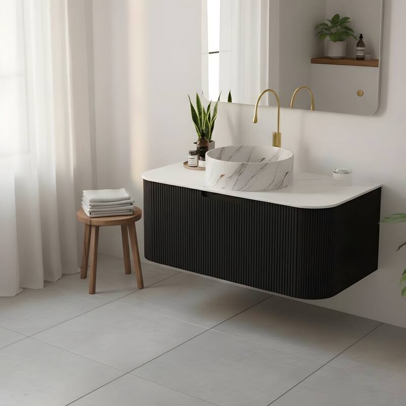 Floating Bathroom with Round Ceramic Basin and Storage Drawer