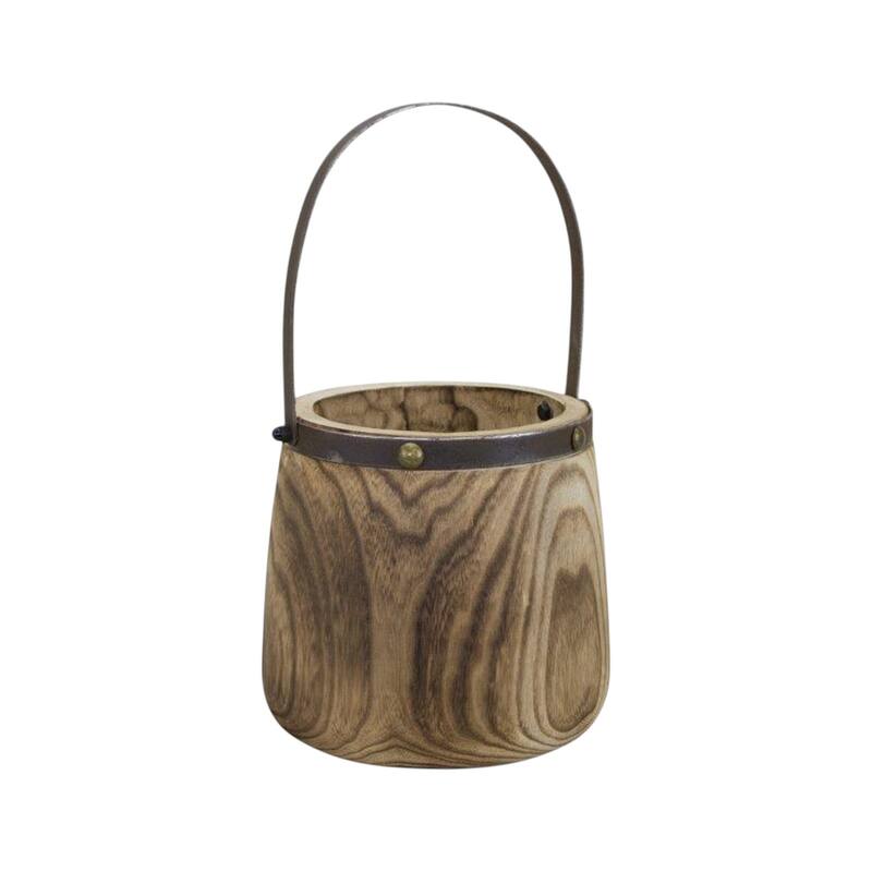 HomeRoots Set of Two Natural Wood And Steel Bucket Pot Planters - 9.00 in. x 14.00 in. x 9.00 in.